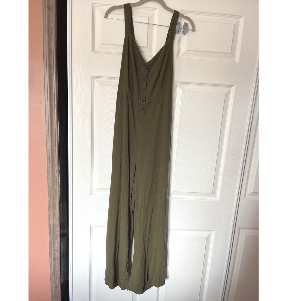 Urban Outfitters Olive Green Linen Blend Wide Leg Button Front Jumpsuit Medium